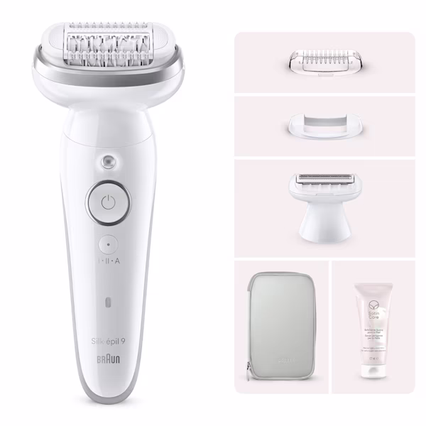 Immagine che mostra il contenuto del Kit Braun composto dall'epilatore Silk-épil 9 con i suoi accessori tra cui la testina radente con cappuccio regolatore e cappuccio di protezione, la custodia e lo scrub Satin Care Immagine che mostra il contenuto del Kit Braun composto dall'epilatore Silk-épil 9 con i suoi accessori tra cui la testina radente con cappuccio regolatore e cappuccio di protezione, la custodia e lo scrub Satin Care