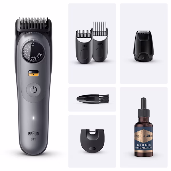 Immagine che mostra il contenuto del Kit Braun composto dal regolabarba, 2 pettini fissi, pettine per dettagli, mini testina radente, spazzolina di pulizia e l'olio da barba King C. Gillette
