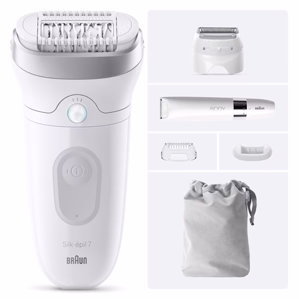 Rendering di prodotto con immagine frontale di Silk·épil 7, custodia, rifinitore per il corpo e testina radente con confezione nera ripresa dietro il rendering su sfondo bianco. Rendering di prodotto con immagine frontale di Silk·épil 7, custodia, rifinitore per il corpo e testina radente con confezione nera ripresa dietro il rendering su sfondo bianco.