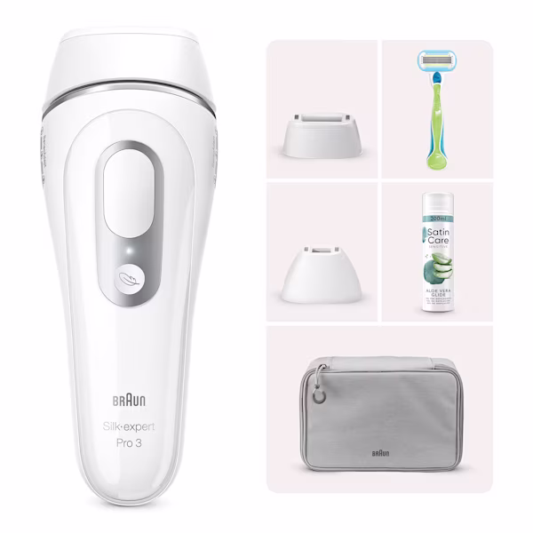 Immagine che mostra il Kit Braun composto dalla Luce Pulsata Silk-expert Pro 3 PL3122, la testina di precisione, il rasoio manuale, la pochette e il gel per depilazione Satin Care Aloe Immagine che mostra il Kit Braun composto dalla Luce Pulsata Silk-expert Pro 3 PL3122, la testina di precisione, il rasoio manuale, la pochette e il gel per depilazione Satin Care Aloe