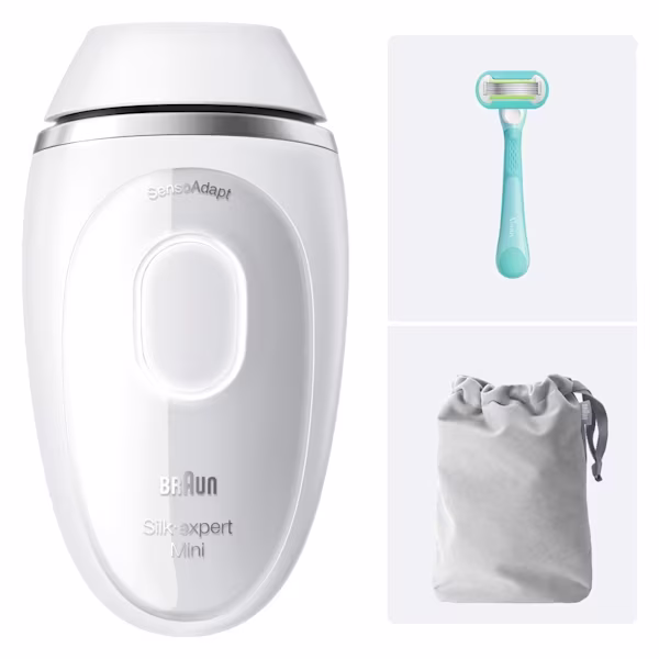Braun Silk·épil Mini bianco/argento con custodia grigia, Mini Depilatore Viso, rifinitore bikini e rasoio Venus con confezione vista frontale su sfondo bianco. Braun Silk·épil Mini bianco/argento con custodia grigia, Mini Depilatore Viso, rifinitore bikini e rasoio Venus con confezione vista frontale su sfondo bianco.