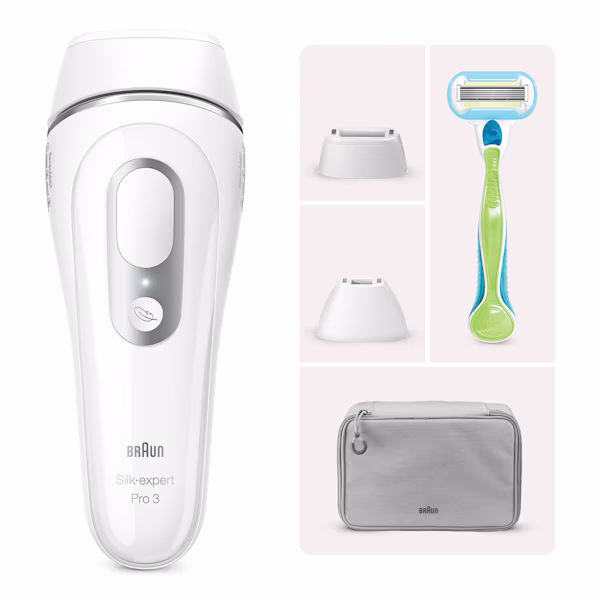 Vista laterale di Silk·épil expert Pro 3, Custodia grigia, rasoio Venus e Testina di precisione davanti alla confezione su sfondo bianco. Vista laterale di Silk·épil expert Pro 3, Custodia grigia, rasoio Venus e Testina di precisione davanti alla confezione su sfondo bianco.