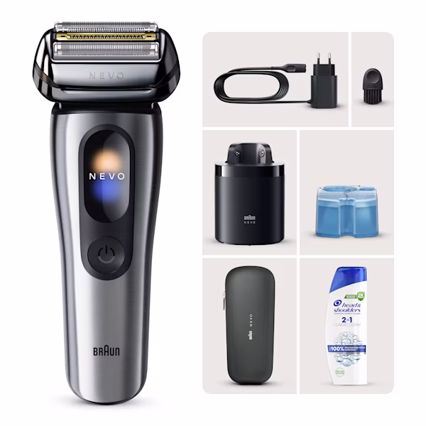 Braun Kit: Rasoio elettrico NEVO argento, sistema di pulizia NEVO Care 7in1 e custodia da viaggio + Head & Shoulders 2in1 classic clean Braun Kit: Rasoio elettrico NEVO argento, sistema di pulizia NEVO Care 7in1 e custodia da viaggio + Head & Shoulders 2in1 classic clean