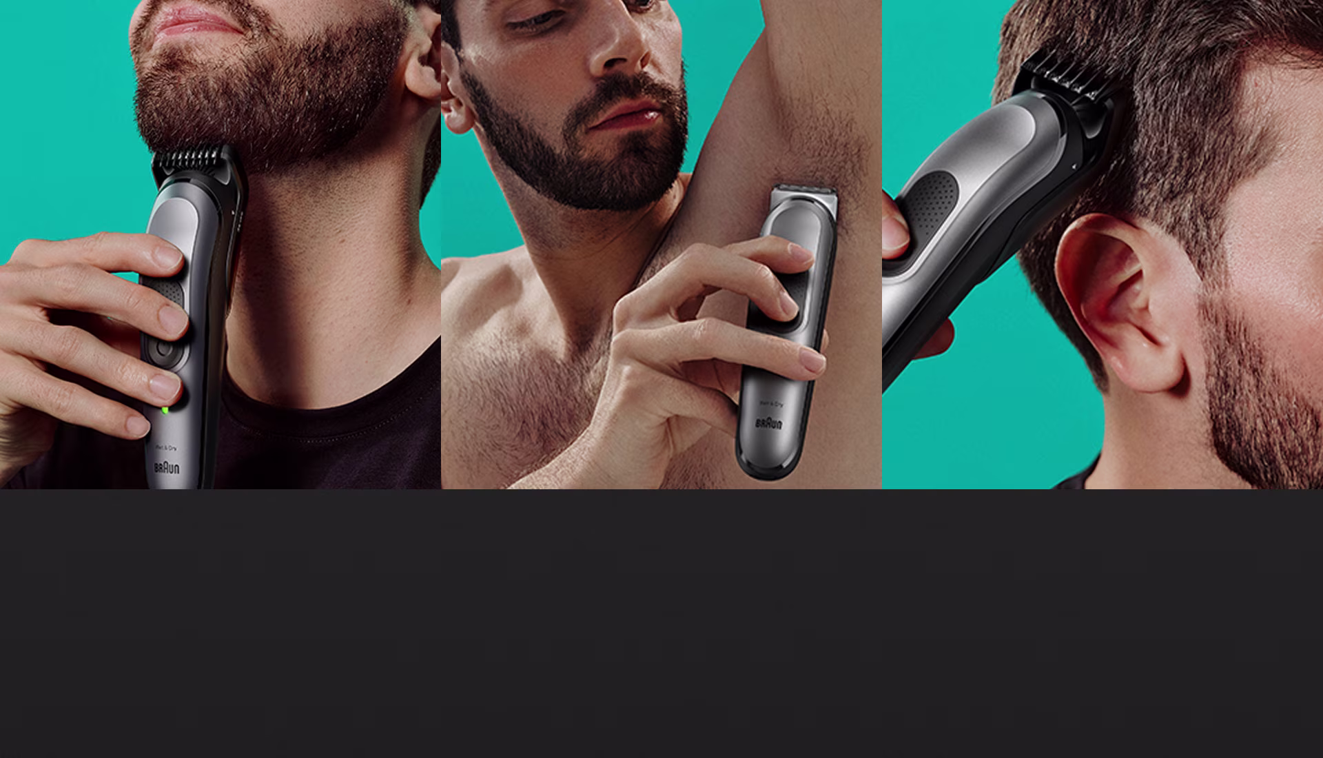Uomo che utilizza il prodotto sul mento. Uomo che utilizza il prodotto sulle ascelle. Uomo che utilizza il prodotto sui capelli.