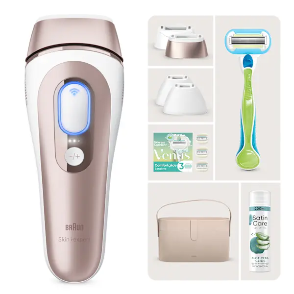 Bundle Braun: Epilatore Luce Pulsata Skin i·expert PL7387, Lamette di ricambio Gillette Comfort Glide con e Gel Satin Care Sensitive Skin Aloe Vera Glide