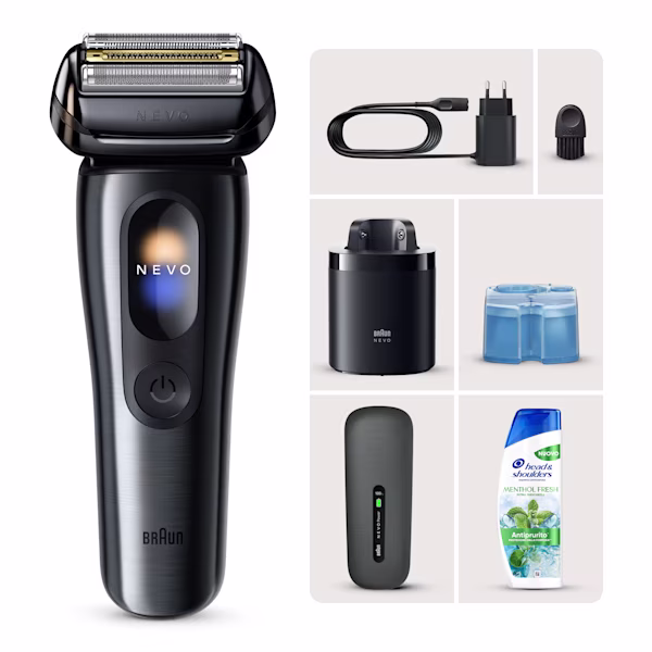 Braun Kit: Rasoio elettrico NEVO grafite, sistema di pulizia NEVO Care 7in1 e custodia NEVO Power + Head & Shoulders menthol fresh Braun Kit: Rasoio elettrico NEVO grafite, sistema di pulizia NEVO Care 7in1 e custodia NEVO Power + Head & Shoulders menthol fresh
