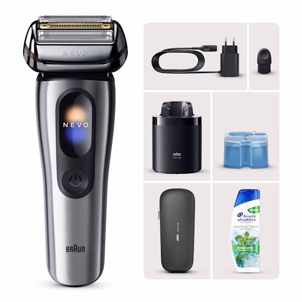 Braun Kit: Rasoio elettrico NEVO argento, sistema di pulizia NEVO Care 7in1 e custodia da viaggio + Head & Shoulders menthol fresh Braun Kit: Rasoio elettrico NEVO argento, sistema di pulizia NEVO Care 7in1 e custodia da viaggio + Head & Shoulders menthol fresh