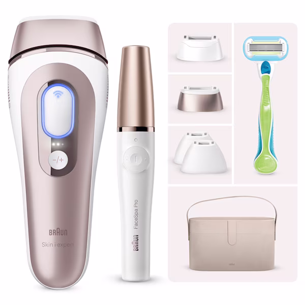 Immagine che mostra il Braun Kit: Luce pulsata Skin i·expert 7, 5 accessori, rasoio Gillette Venus + epilatore viso FaceSpa Pro 911 Immagine che mostra il Braun Kit: Luce pulsata Skin i·expert 7, 5 accessori, rasoio Gillette Venus + epilatore viso FaceSpa Pro 911