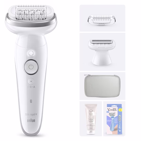 Immagine del Kit Braun composto da Epilatore Silk·épil 9, 3 accessori + scrub levigante Satin Care + rasoio Gillette Venus Intimate Immagine del Kit Braun composto da Epilatore Silk·épil 9, 3 accessori + scrub levigante Satin Care + rasoio Gillette Venus Intimate
