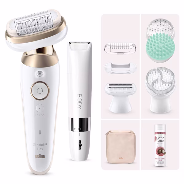 Immagine che mostra Braun Kit: Epilatore Silk·épil 9 Flex, 8 accessori + gel Satin Care karité Immagine che mostra Braun Kit: Epilatore Silk·épil 9 Flex, 8 accessori + gel Satin Care karité
