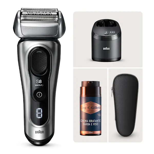 Rasoio elettrico Braun Series 8 8567cc e Crema idratante per barba e viso King C. Gillette