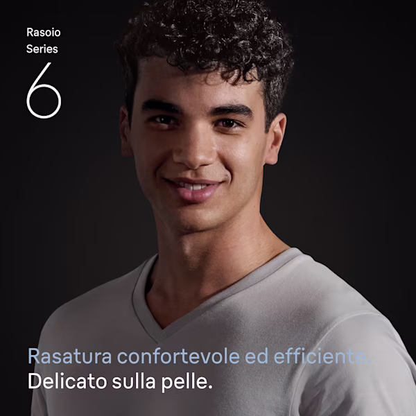 Rasoio Braun Series 6. Rasatura confortevole ed efficiente. Delicato sulla pelle. Giovane sorridente che guarda nella fotocamera.