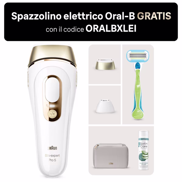 Kit Braun: Epilatore a luce pulsata Braun Silk-expert Pro 5 PL5152 e Gel da depilazione Satin Care Aloe Kit Braun: Epilatore a luce pulsata Braun Silk-expert Pro 5 PL5152 e Gel da depilazione Satin Care Aloe