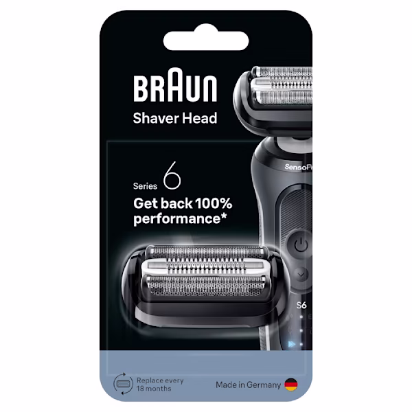 Testina di ricambio per rasoio Braun Series 6 nella confezione originale, ripristina il 100% delle prestazioni, prodotta in Germania.
