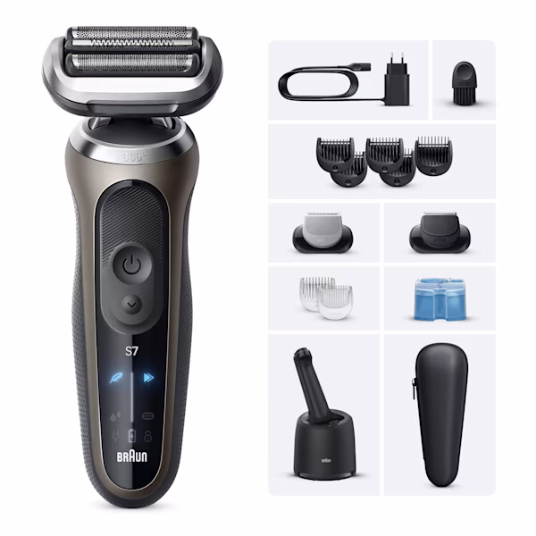 Immagine del rasoio Series 7 C7650cc con stazione SmartCare 4in1, una cartuccia e un accessorio rifinitore di precisione. Immagine del rasoio Series 7 C7650cc con stazione SmartCare 4in1, una cartuccia e un accessorio rifinitore di precisione.