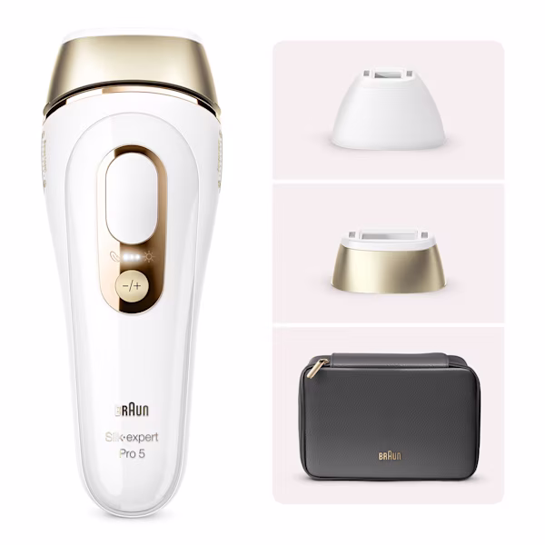 Dispositivo IPL centrato, con custodia nera, rasoio Gillette e due accessori. Dispositivo IPL centrato, con custodia nera, rasoio Gillette e due accessori.