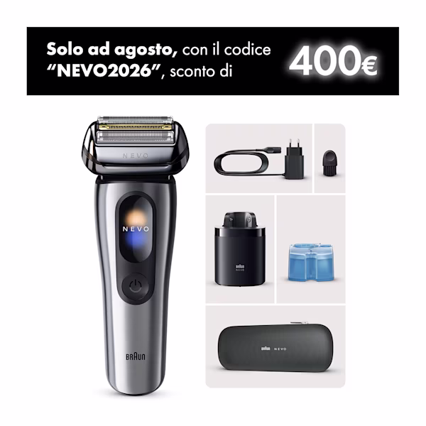 Rasoio Braun NEVO 11000c con custodia da viaggio in tessuto e sistema NEVO Care 7in1. Rasoio Braun NEVO 11000c con custodia da viaggio in tessuto e sistema NEVO Care 7in1.