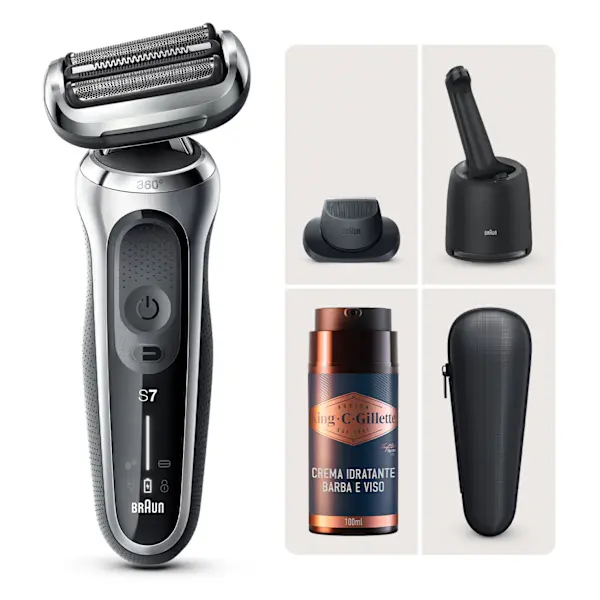 Rasoio elettrico Braun Series 7 71-S7200cc e Crema idratante per viso e barba King C. Gillette