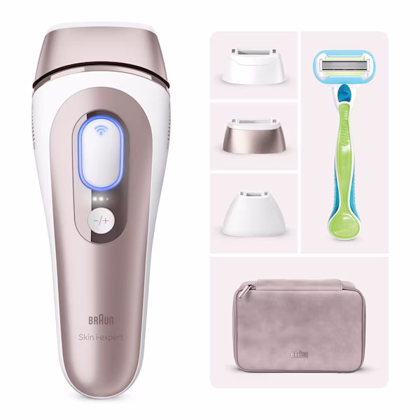 Epilatore a luce pulsata al centro, dietro di esso una pochette beige, un dispositivo mobile con l'applicazione Skin i·expert, 4 testine e un rasoio Gillette Venus