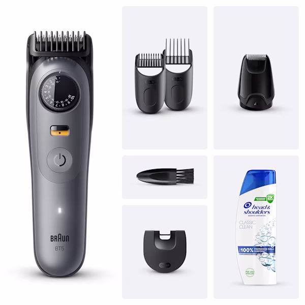 Immagine che mostra il Kit Braun: Regolabarba Series 5, 5 accessori + Head & Shoulders classic clean Immagine che mostra il Kit Braun: Regolabarba Series 5, 5 accessori + Head & Shoulders classic clean