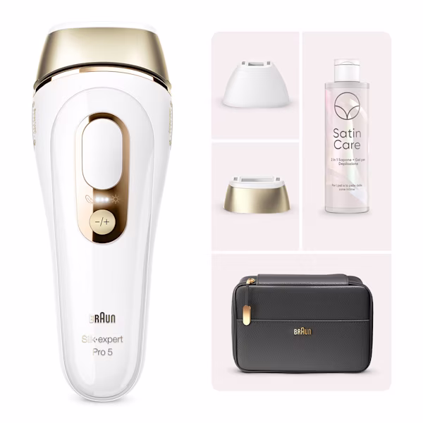 Immagine che mostra Braun Kit luce pulsata Silk·expert Pro 5 PL5140 con gel detergente Satin Care
