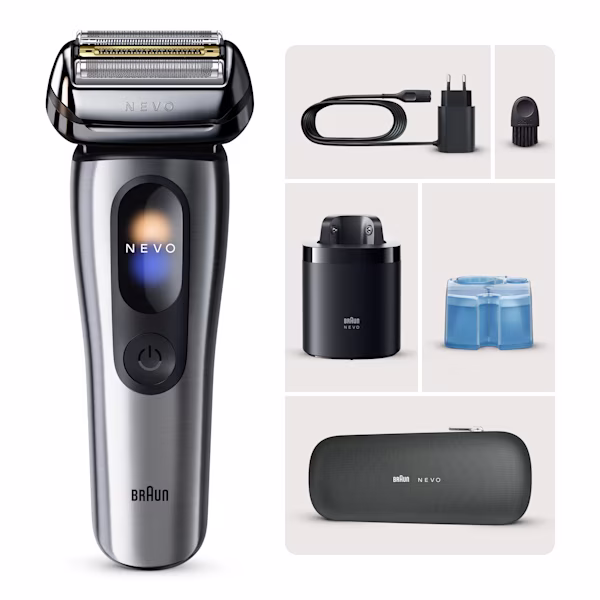 Rasoio Braun NEVO 11005c con custodia da viaggio in tessuto e sistema di cura NEVO 7in1. Rasoio Braun NEVO 11005c con custodia da viaggio in tessuto e sistema di cura NEVO 7in1.