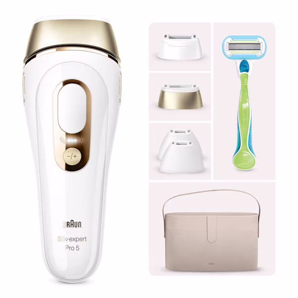 Dispositivo IPL centrato, con astuccio beige, quattro accessori e rasoio Venus Extra smooth. Dispositivo IPL centrato, con astuccio beige, quattro accessori e rasoio Venus Extra smooth.