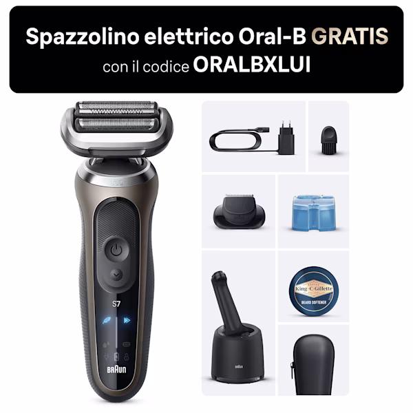 l'immagine mostra il Braun Kit: Rasoio elettrico Series 7 + mini crema King C. Gillette l'immagine mostra il Braun Kit: Rasoio elettrico Series 7 + mini crema King C. Gillette