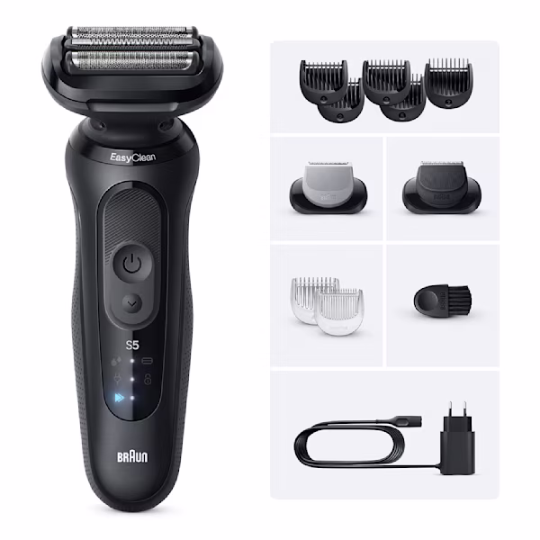 Image of Series 5 N1650si shaver set with a Body groomer and Beard trimmer attachment.