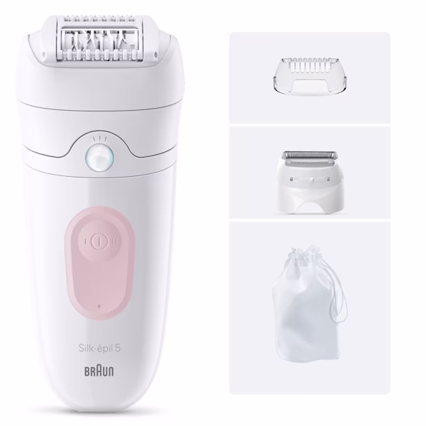Rendering del prodotto vista frontale di Silk·épil 5 con borsa, pettine rifinitore e testina rasoio su una scatola grigia accanto alla rendering su sfondo bianco. Rendering del prodotto vista frontale di Silk·épil 5 con borsa, pettine rifinitore e testina rasoio su una scatola grigia accanto alla rendering su sfondo bianco.