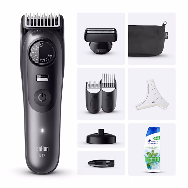 Immagine che mostra il Braun Kit composto dal regolabarba Series 7 con 7 accessori e Head & Shoulders menthol fresh. Immagine che mostra il Braun Kit composto dal regolabarba Series 7 con 7 accessori e Head & Shoulders menthol fresh.