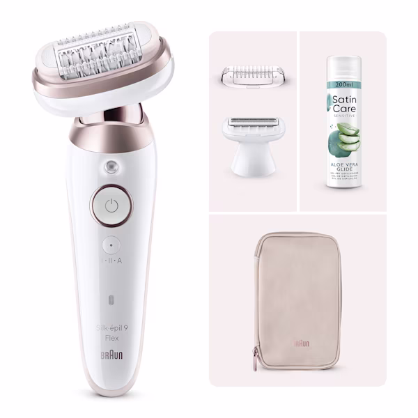 Immagine che mostra Braun Kit: Epilatore Silk·épil 9 Flex, 3 accessori + gel Satin Care aloe Immagine che mostra Braun Kit: Epilatore Silk·épil 9 Flex, 3 accessori + gel Satin Care aloe