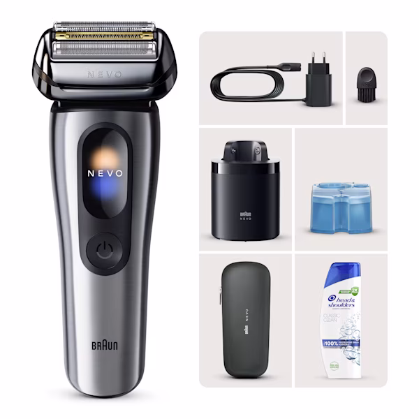 Braun Kit: Rasoio elettrico NEVO argento, sistema di pulizia NEVO Care 7in1 e custodia da viaggio + Head & Shoulders classic clean Braun Kit: Rasoio elettrico NEVO argento, sistema di pulizia NEVO Care 7in1 e custodia da viaggio + Head & Shoulders classic clean
