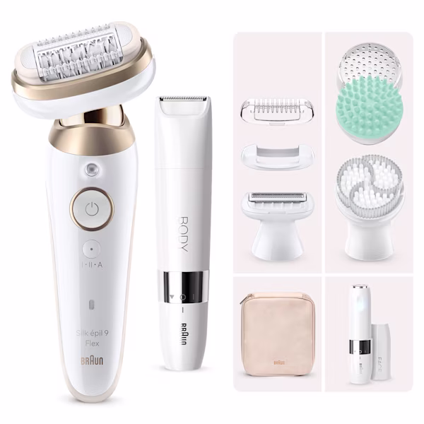 Immagine che mostra Braun Kit: Epilatore Silk·épil 9 Flex, 8 accessori + mini depilatore viso FS1000 Immagine che mostra Braun Kit: Epilatore Silk·épil 9 Flex, 8 accessori + mini depilatore viso FS1000