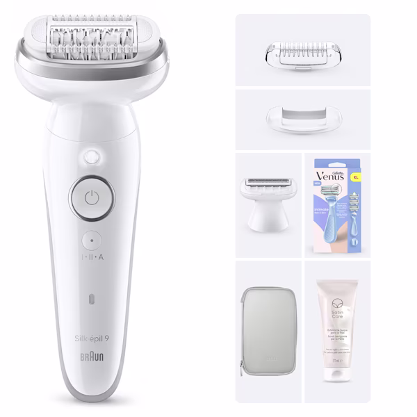 Immagine del Kit Braun composto da Epilatore Silk·épil 9, 2 accessori + scrub levigante Satin Care + rasoio Gillette Venus Intimate Immagine del Kit Braun composto da Epilatore Silk·épil 9, 2 accessori + scrub levigante Satin Care + rasoio Gillette Venus Intimate