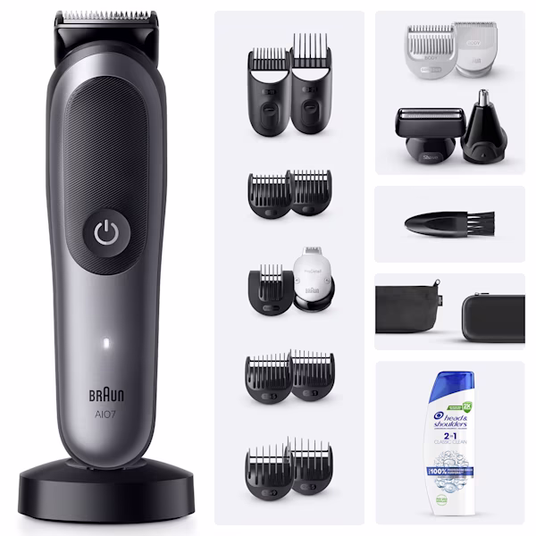 Immagine che mostra il Braun Kit composto dal Rifinitore All-in-One Series 7 con 7 accessori e lo shampoo e balsamo Head & Shoulders 2in1 classic clean. Immagine che mostra il Braun Kit composto dal Rifinitore All-in-One Series 7 con 7 accessori e lo shampoo e balsamo Head & Shoulders 2in1 classic clean.