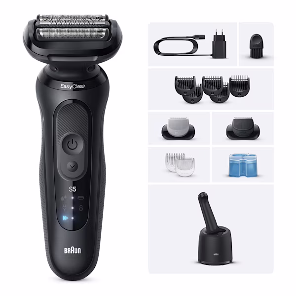 Immagine del rasoio Series 5 N7650cce con stazione SmartCare 4in1, una cartuccia, un regolabarba e un accessorio rifinitore corpo.