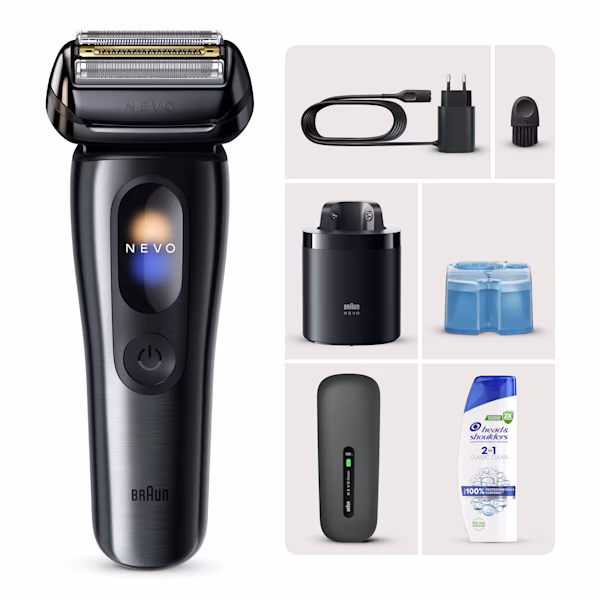 Braun Kit: Rasoio elettrico NEVO grafite, sistema di pulizia NEVO Care 7in1 e custodia NEVO Power + Head & Shoulders 2in1 classic clean Braun Kit: Rasoio elettrico NEVO grafite, sistema di pulizia NEVO Care 7in1 e custodia NEVO Power + Head & Shoulders 2in1 classic clean