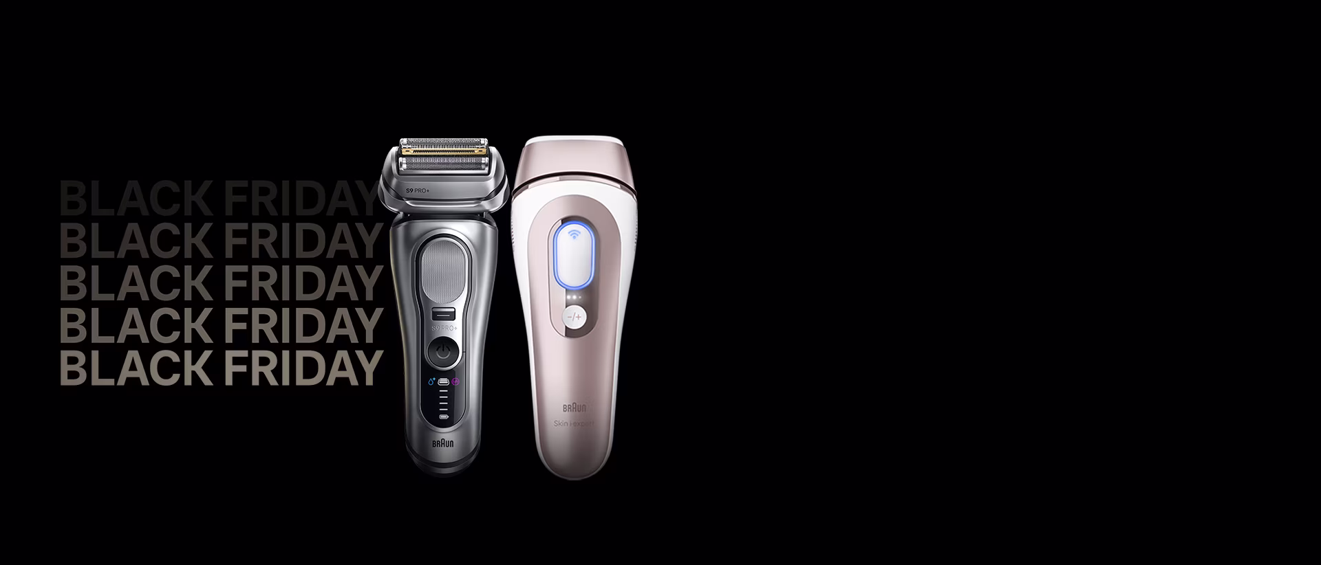 Due prodotti Braun su sfondo nero, un epilatore a luce pulsata Silk i-expert e un rasoio elettrico Series 9 Pro+. A destra, la scritta “Black Friday” ripetuta verticalmente in sfumatura con la scritta “Fino al 55% di sconto”.