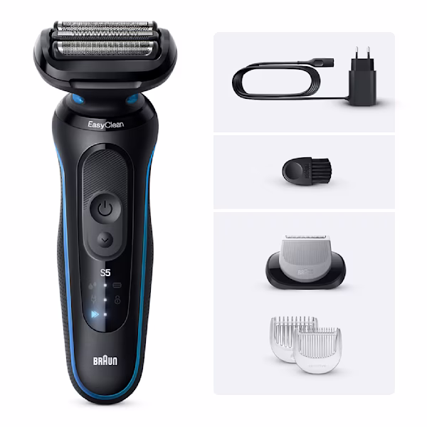 Immagine del rasoio Series 5 B1600s con accessorio rifinitore corpo. Immagine del rasoio Series 5 B1600s con accessorio rifinitore corpo.