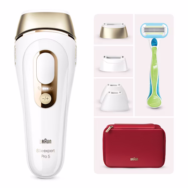 Dispositivo IPL centrato, con astuccio rosso, quattro accessori e rasoio Venus Extra smooth.