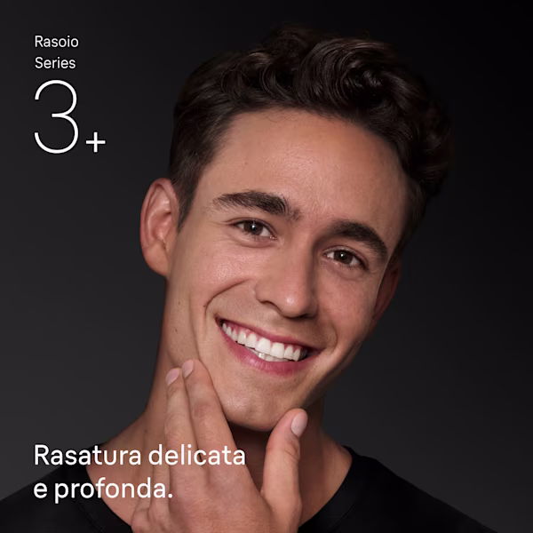 Un uomo sorridente che si tocca il viso rasato. Il testo recita: “Rasoio Series 3+. Rasatura delicata e profonda”.