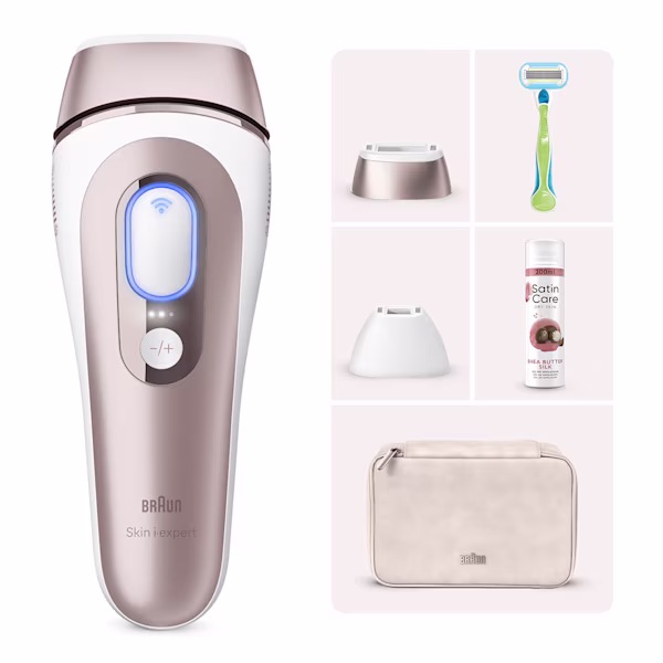 Braun Kit Luce Pulsata Skin i·expert PL7147 con Gel da depilazione Gillette Satin Care Burro di Karitè Braun Kit Luce Pulsata Skin i·expert PL7147 con Gel da depilazione Gillette Satin Care Burro di Karitè