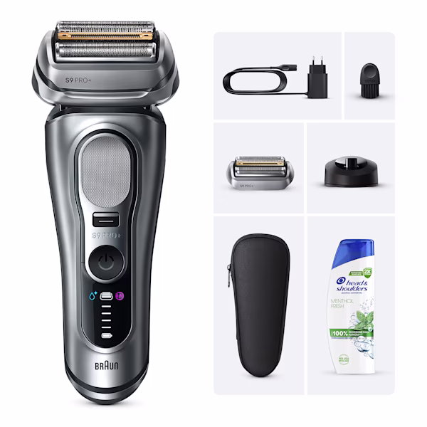 Iimmagine mostra il rasoio Series 9 PRO+ con gli accessori inclusi nella confezione e lo shampoo antiforfora Head & Shoulders menthol fresh