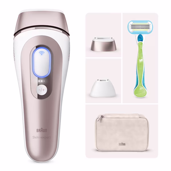 Centered IPL device, behind it a pouch, a mobile device with Skin-i-Expert app and two attachments