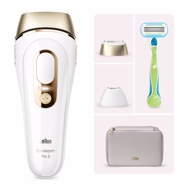 Dispositivo IPL centrato, con custodia grigia, due accessori e rasoio Venus Extra smooth. Dispositivo IPL centrato, con custodia grigia, due accessori e rasoio Venus Extra smooth.