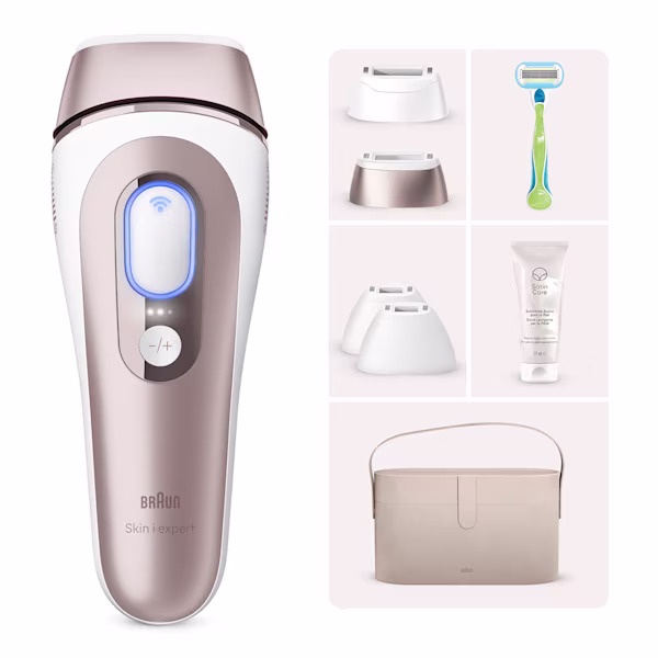 Braun Kit: Luce pulsata Skin i·expert 7, 5 accessori, rasoio Gillette Venus + scrub levigante Satin Care Braun Kit: Luce pulsata Skin i·expert 7, 5 accessori, rasoio Gillette Venus + scrub levigante Satin Care
