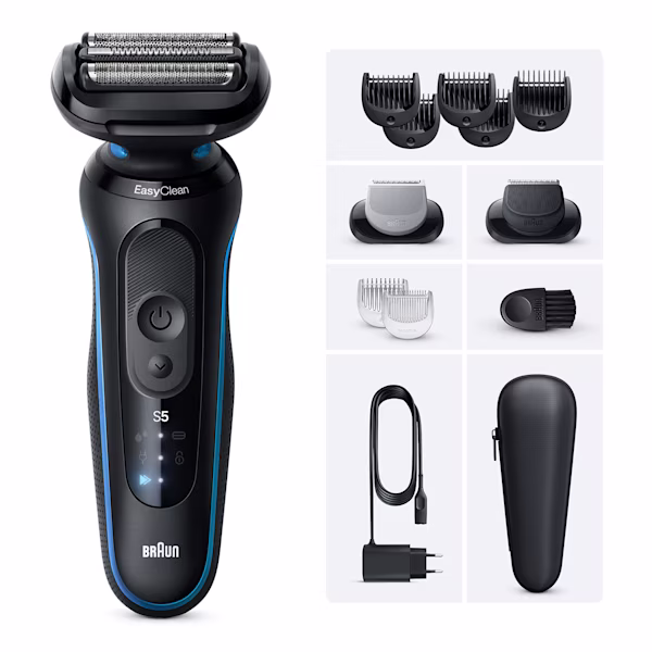 Immagine del rasoio Series 5 B1650s con un regolabarba e un accessorio rifinitore corpo. Immagine del rasoio Series 5 B1650s con un regolabarba e un accessorio rifinitore corpo.