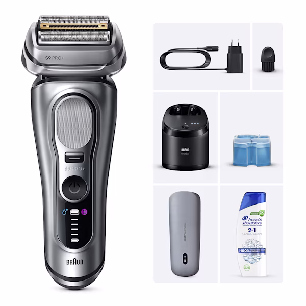 Immagine che mostra il Braun Kit composto dal rasoio elettrico Series 9 PRO+ con stazione SmartCare 6in1, custodia PowerCase e Shampoo e Balsamo Antiforfora Head & Shoulders 2in1 Classic Clean. Immagine che mostra il Braun Kit composto dal rasoio elettrico Series 9 PRO+ con stazione SmartCare 6in1, custodia PowerCase e Shampoo e Balsamo Antiforfora Head & Shoulders 2in1 Classic Clean.