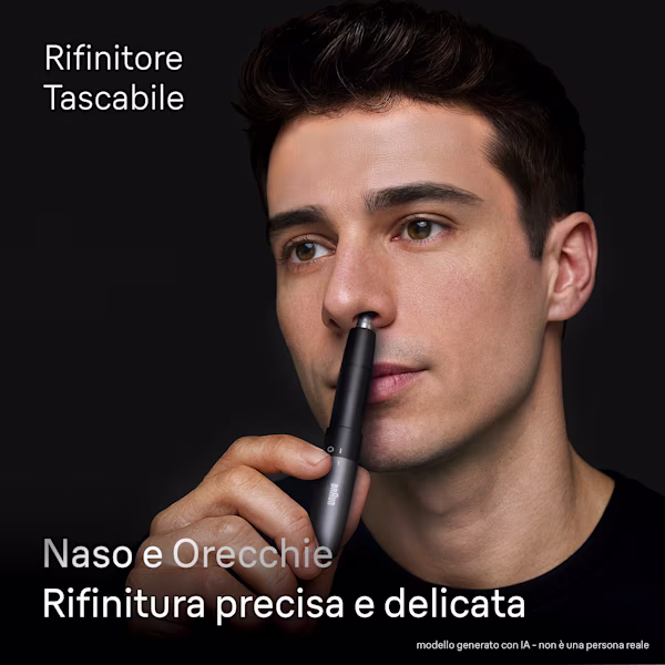 Uomo che si taglia i peli del naso con il Braun Ear & Nose Trimmer. Uomo che si taglia i peli del naso con il Braun Ear & Nose Trimmer.